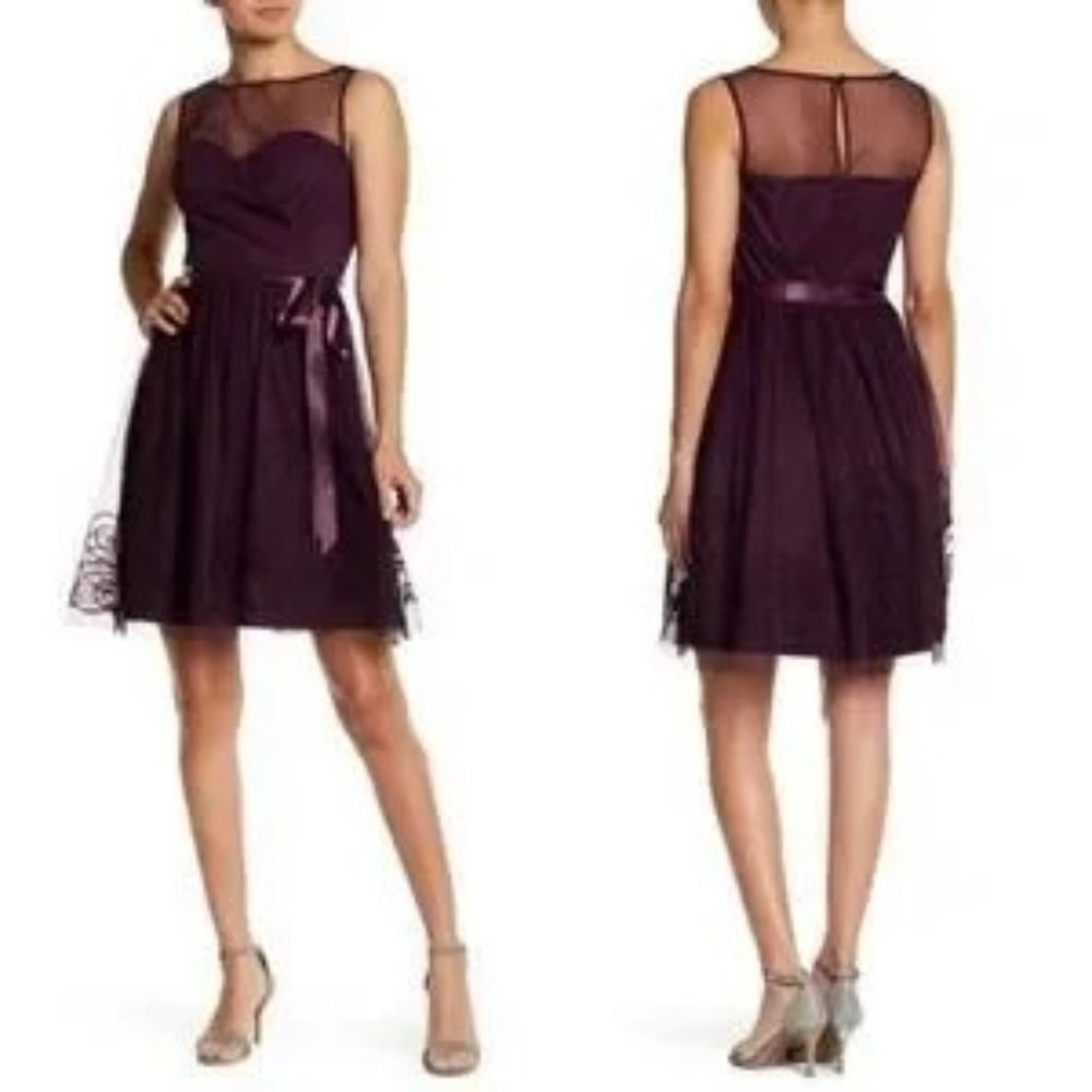 Eliza J Purple/Plum Fit & Flare Illusion Party Dress w/Mesh Overlay -Size Large